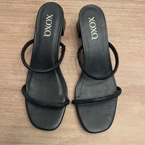 XOXO Black Beaded Double-Strap Block Heel Sandals